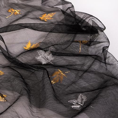 Image of Fall Maple Leaf Table Runner Black Sheer Gauze Foil Table Runner 120 Inch