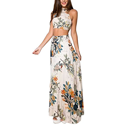 Efinny Conjunto de blusa e saia, estampa flora, crop top com bandagem, saia maxi, para praia, estilo