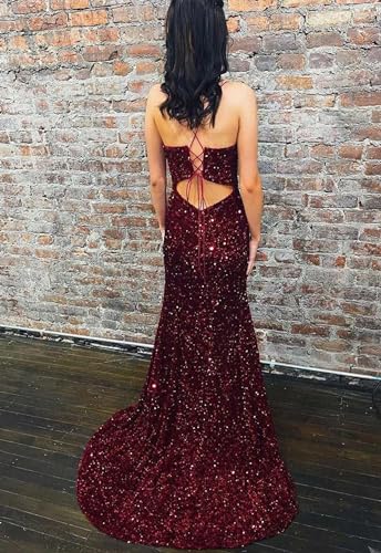 Sparkly Prom Dresses for Women Spaghetti Straps Mermaid Sequin Evening Formal Gowns with Slit3