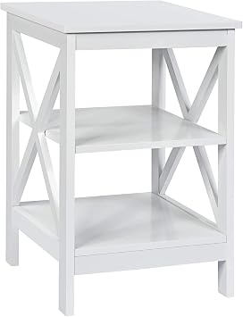 Multigot Wooden Side Table, X-Frame Storage End Table with Open Shelf, Night Stand Bedside Table for Living Room Bedroom Study 3 Tiers, White