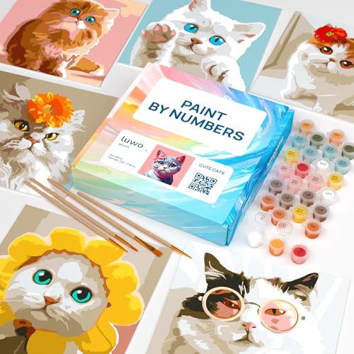LuwoArte 6-Pack Cat Paint by Numbers Kit for Adults