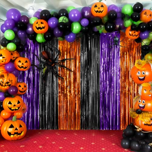 Image of 4 Packs Halloween Foil Fringe Curtain, Orange Black and Purple Metallic Tinsel Backdrop for Birthday, Baby Shower, Bachelorette, Halloween Party Decorations Favors Supplies Indoor Outdoor