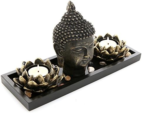 MyGift® Lotus Tea Light Candle Holders with Buddha Head Sculpture and Wood Display Tray