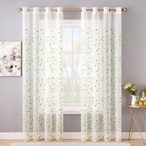Miulee Sheer Curtains With Green Embroidered Leaf Pattern For Living Room Farmhouse Decorative Elegant Grommet Embroidery Window Voile Bedroom Drapes St. Patrick's Day Decor 2 Panels 54 X 96 Inches #TOP1