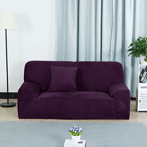 Uxcell Velvet Plush Stretch Sofa Cover, Thicker Couch Slipcover For 1 2 3 4 Cushion, Stylish Furniture Winter Covers With One Pillow Cover Purple X-Large #TOP1