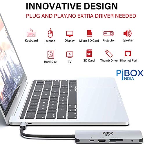 Image of PiBOX India, USB C Hub Dock- 9 in 1 Aluminum Type C Adapter with 4K HDMI, Ethernet 1000mbps RJ45, 3 USB 3.0, USB-C Power Delivery, 3.5mm Audio only, TF /SD Card Reader, MacBook / /Samsung USB C Devices