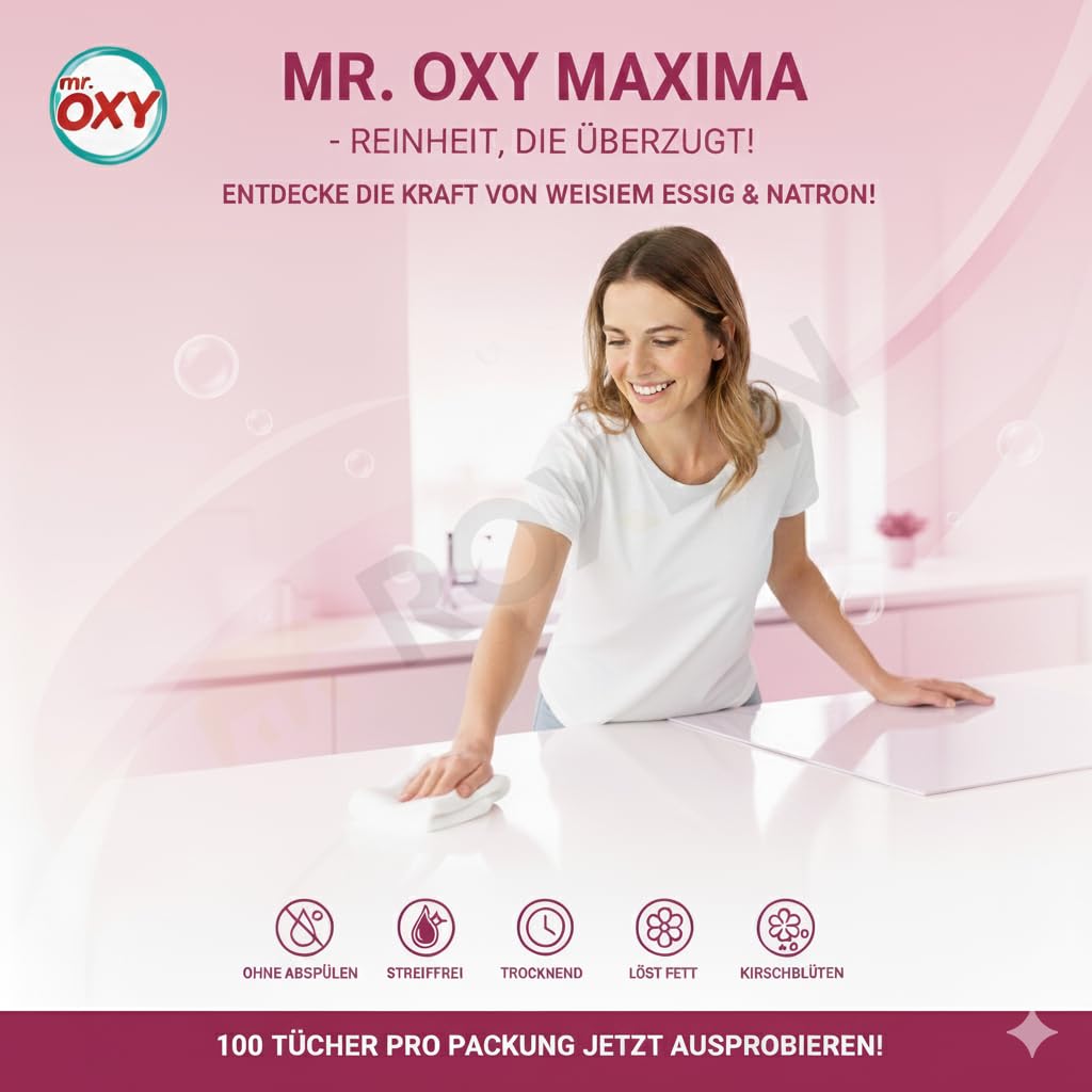 Mr. OXY Maxima Allzweck-Reinigungstücher – Streifenfrei, Fettlösend, Schnell Trocknend, Duft nach Kirschblüten – Mit Weißem Essig & Natron – Ohne Nachspülen, Einfache Reinigung (Pack of 6)