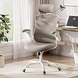 COLAMY Ergonomic Office Chair with Lumbar Support, Mesh Desk Chair with Adjustable Headrest, Computer Chair with Flip-up Armrest, Adjustable Seat Height and Tilt Function for Home Office Study, Khaki