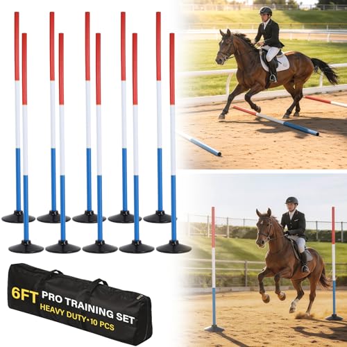 Neoaider 6 FT Pole Bending Poles for Horses 3-Color Combination High Visibility, 10 PC Agility Poles w/Rubber Bases, Waterproof Storage Bag, Ideal for Equestrian, Soccer, Football, Pet Training