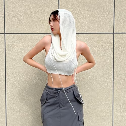 Image of Women's Knitted Hoodie Sweater Vest Sexy Sleeveless Hollow Out Hooded Crop Top Draped Sweatshirt Streetwear