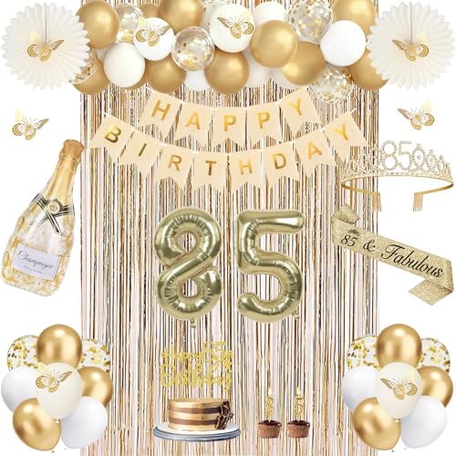 51Pcs 85th Birthday Decorations for Women Champagne Gold 85th Birthday Decorations 85 Sash and Crown Banner Fringe Curtains Hanging Paper Fans 85 Year Old Party Supplies Set