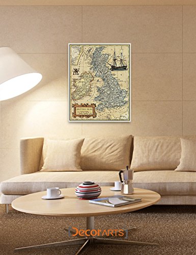 Image of DECORARTS - Large Vintage British Isles Map Canvas Wall Art, Antique UK England Scotland Ireland Map for Wall Decor, Hand-Stretched Giclee Print, Handcrafted in USA, 24x30''
