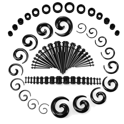 BDSHUNBF 68 Stück Ohr Stretching Kit, 14G-00G Messgeräte Expander Kit, Piercing Schmuck, Silikon Tunnel, Taper Dehnstab Set, Spiralkegel Expander für Ohren