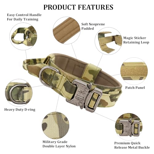 Taktisches Hundehalsband, Verstellbare Halsband Mit Kontrollgriff Weich Gepolstertes Nylon Hunde Halsband mit robuster Metallschnalle für Mittlere Große Hunde (Camo, L)