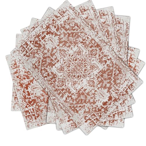 Image of Gray Burnt Orange Boho Placemats Set of 6 Ethnic Bohemian Carpet Place Mats Washable Kitchen Dining Vintage Grey Geography Floral Linen Table Mats Stain Heat-Resistant for Home Party Indoor 12x18 in