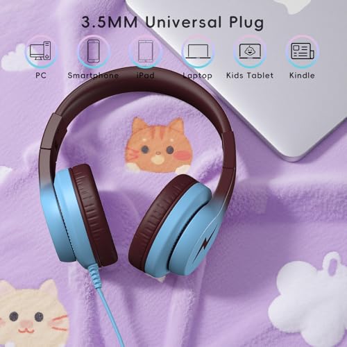 Image of Candy Bila Kids Headphones, Wired Headphones for Kids Over Ear with Microphone, 85 /94dB Volume Headphone for Girls Boys, Foldable Headphone for Learning & Entertainment, Gradient Caramel Blue