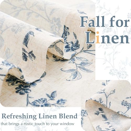 Image of jinchan Floral French Door Curtain Panel Farmhouse Decor Light Filtering Linen with Tie Up Bow for Glass Door or Patio 40 Inch Length Rod Pocket 1 Panel Blue on Linen