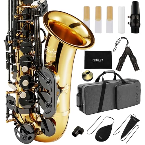 Fesley Saxophone E Flat Alto Saxophone: SaxofÃ³n Alto for Professional, Sax for Beginners & Students, Saxophones with Reeds, Neck Strap, Sax Case & Portable Cleaning Kit, Black & Gold