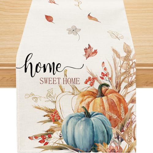 Fall Table Runner, Watercolor Pumpkin Fall Runner for Table Seasonal Autumn Thanksgiving Holiday Decor for Indoor Outdoor Dining Table Decorations 13x72 Inch