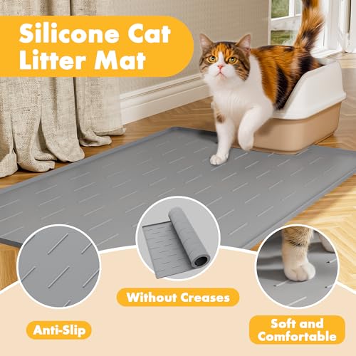 Image of Pieviev Silicone Cat Litter Trapping Mat, 34''x22'' Large Cat Litter Mat, Easy to Clean & Soft on Kitty Paws, Waterproof Kitty Litter Pads for Indoor Cats, Light Grey