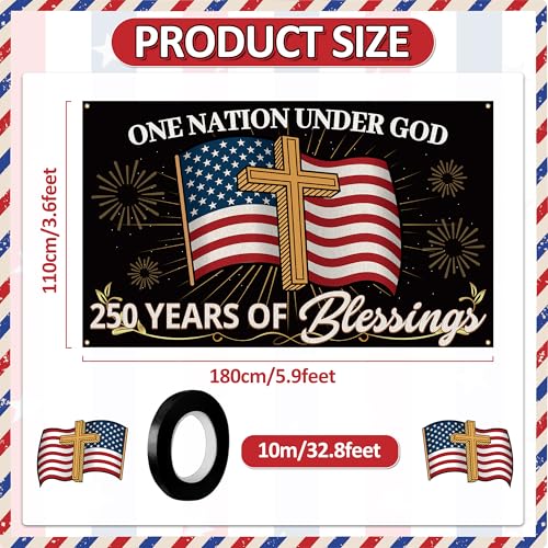 Blessings America 250th Years Backdrop One Nation Under God Flags 250 Years USA Patriotic Banner 4th of July Independence Day Party Decorations for Garden Outdoor Fence Gathering 71" ×47" by Cogniplay - Used condition - Image 2