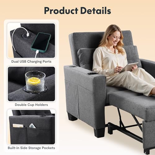 Image of FLEXISPOT XCT2 Sleeper Chair Bed, Sofa Bed Chair 3 in 1 w /USB Port, Pillow, Cup Holders, Convertible Pull Out Bed W /Adjustable Backrest for Living Room Apartment Small Space, Grey