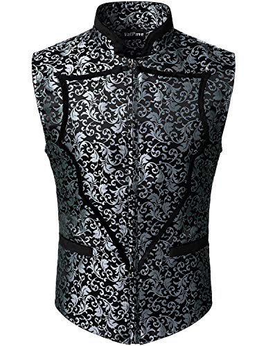 VATPAVE Mens Heart Shaped Classic Paisley Jacquard Waistcoat Zip Up Floral Vest Medium SV20 Silver