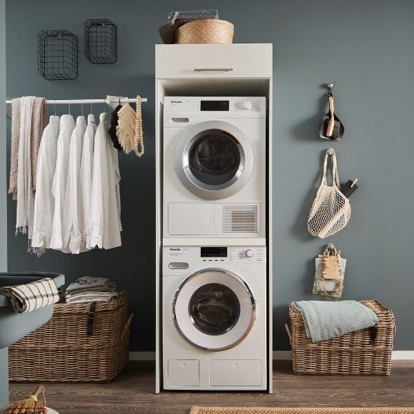 Laundreezy Waschmaschinenschrank für Trockner und Waschmaschine, Weiß - Praktischer Waschmaschinen-Überbauschrank - 67,5 x 200 x 67,5 cm (B/H/T)