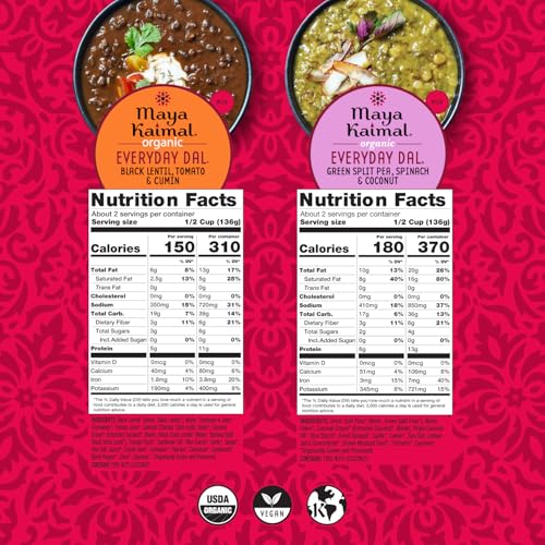 Image of Maya Kaimal Foods - Organic Indian Everyday Dal - 6 pack variety of 10oz Ready to Eat Meals - Fully Cooked - Vegan - Kosher - Microwavable - made from Lentils, Beans, Squash, Coconut, Peas