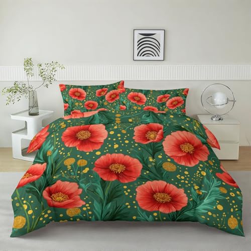 Housse de Couette Imprimé Fleurs Parure Réversible Rouge Vert 90x190 - 3