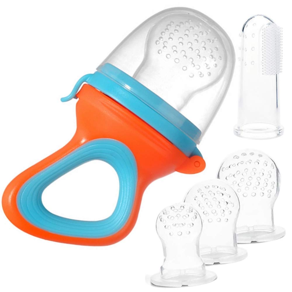 1 Pacifier Teether, 3 Pouches Nipple Teethers, 1 Finger Toothbrush Baby. BPA free baby pacifiers, fruit feeder, teething toy, baby food feeder, finger brush baby, infant food feeder (ORANGE-BLUE)