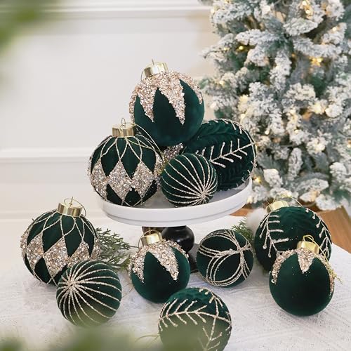 Image of 3.15IN Velvet Ornaments for Christmas Tree, 12pcs Flocked Ornaments Balls | deep green velvet christmas ornaments set,hanging neutral felt flocked balls bulk plastic shatterproof for tree decorations