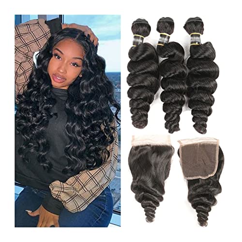 Paquetes de cabello humano Cabello brasileño Flojo Ola 3 Paquetes con cierre de encaje 4x4 Parte libre Virgin Virgin Human Hair Remy Suelte Curly Hair Extensions Natural Color Paquete de cabello/exten Cover