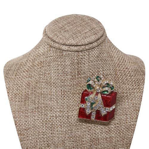 Image of 1928 Jewelry Red Christmas Gift Box Crystal Brooch Pin, Great For Dresses, Scarves, Hats, Lapels, Blazers And Coats