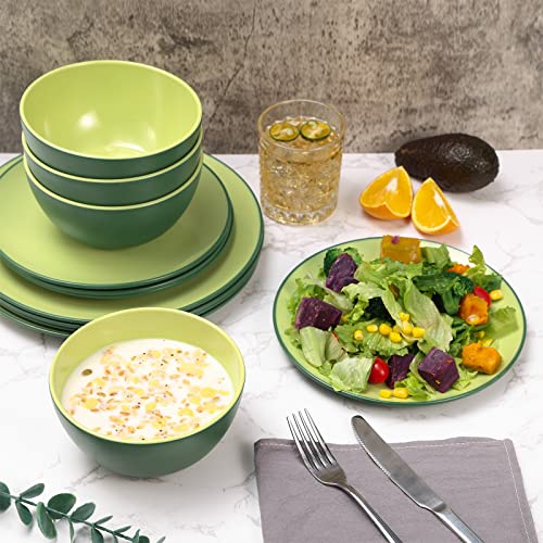 Tp 12-Piece Dinnerware Set, Melamine Dishes Set With Bowls And Plates, Non-Breakable Lightweight Dinner Service For 4, Avocado Green #TOP4