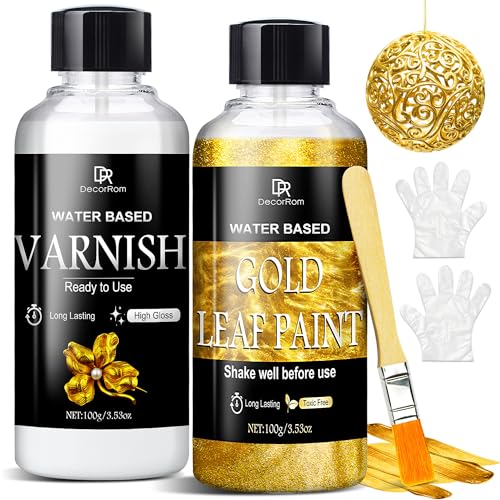 Liquid Gold Leaf Paint Kit - 3.53oz Ultra Shiny Quick Dry Metallic Gilding Paint, High Gloss Finish with Varnish - Non-Toxic, Waterproof Gold Leaf Paint for Crafts, Resin Art, DIY, Furniture, Wood
