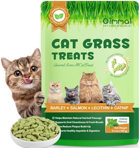 Cat Grass Snacks for Indoor Cats, 180g Crunchy Biscuits, for Cleaning Teeth, Prevent Hairballs and for Healthy Digestion with Natural Salmon