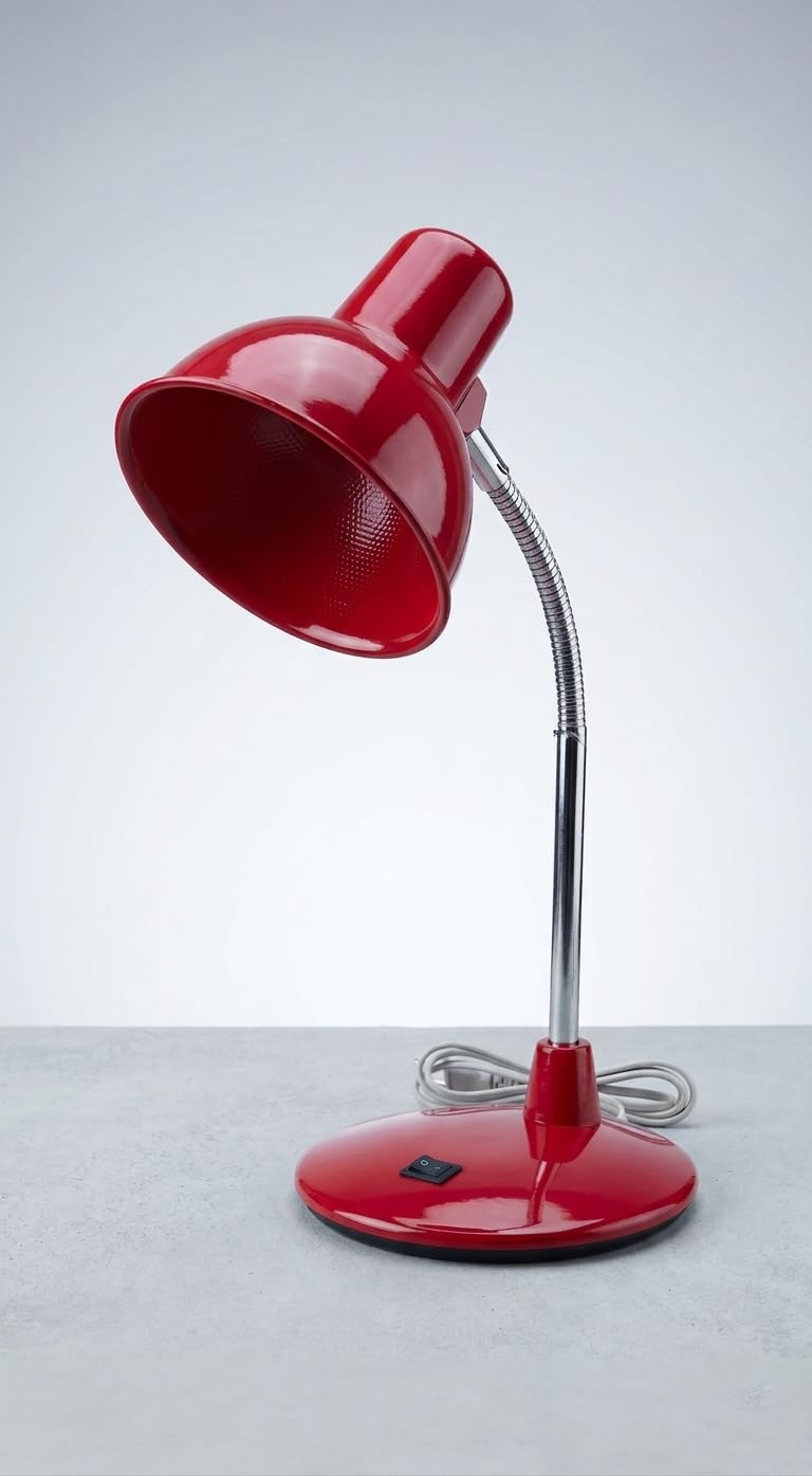 Metal Table Lamp with Flexible Stainless Steel Neck | Study Lamp for Home, Office & Reading | Gloss Finish Metal Body with Stable Plastic Base | B22 Holder (No Bulb Included) (20 Inch, Red)-image-31