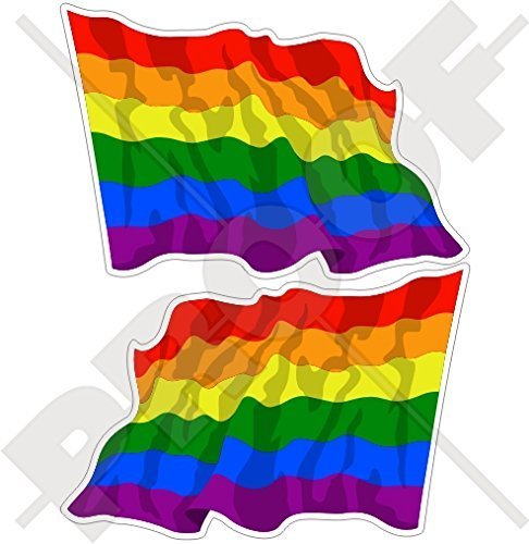 Preisvergleich Produktbild GAY PRIDE, SCHWULENSTOLZ, Regenbogen Wehende Flagge LGBT Bewegung Lesben, Homosexuell, Bisexuell und Transgender 120mm Auto & Motorrad Aufkleber, x2 Vinyl Stickers (Links - Rechts)