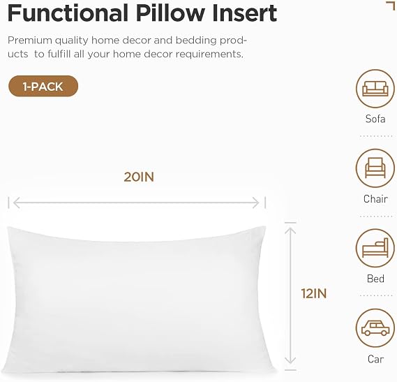 Acanva Decorative Rectangle Throw Pillow Inserts, Hypoallergenic Form Stuffer Cushion Sham Filler, 12 L x 20 W, White