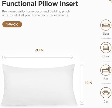 Acanva Decorative Rectangle Throw Pillow Inserts, Hypoallergenic Form Stuffer Cushion Sham Filler, 12 L x 20 W, White