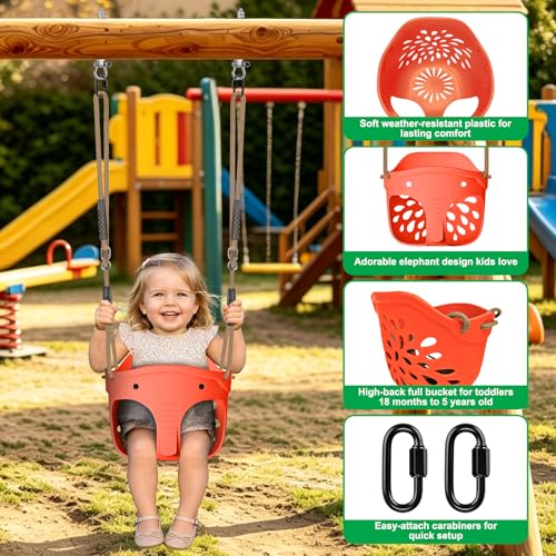 Image of SELEWARE Orange Toddler Swing Set - Heavy-Duty High Back Full Bucket Toddler Swing Seat & Kids Tree Swing with Adjustable Ropes, Backyard Playground Swing Set Accessories for Kids, Indoor /Outdoor Use
