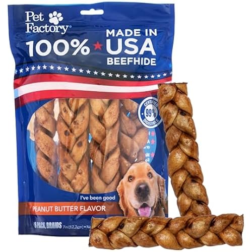 Pet Factory 7in Braided Beefhide Dog Chew Sticks with Peanut Butter Flavor - 100% USA Made Rawhide Chews for Medium Dogs, Long Lasting Dental Health, 7 inches (Pack of 6)