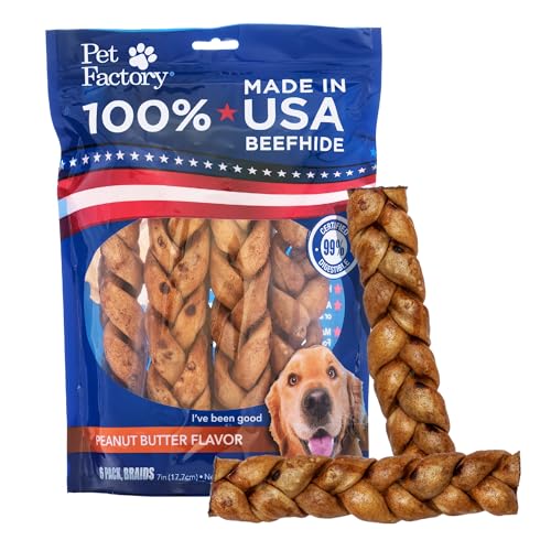Pet Factory 100% Made in USA Beefhide 7" Braided Sticks Dog Chew Treats - Peanut Butter Flavor, 6 Count/1 Pack