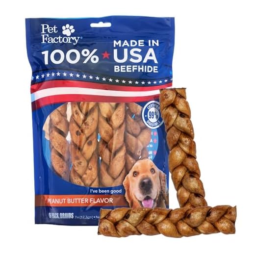 Pet Factory 100% Made in USA Beefhide 7" Braided Sticks Dog Chew Treats - Peanut Butter Flavor, 6 Count/1 Pack