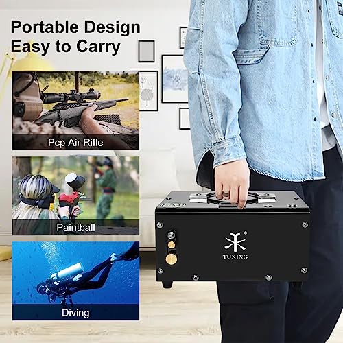 Image of TUXING PCP Air Compressor, Max 4500 PSI, Dual Power Car 12V DC or Home 110V AC, Fast Fill for Air Rifle or Paintball Tank, Built-in Cooling Fan, Portable Pcp Pump (GREEN)