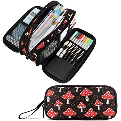 Image of Fustylead Amanita Red Mushroom Pen Pencil Case Makeup Pouch Big Capacity Multi-Purpose Travel Bag Office Organizer with Zipper