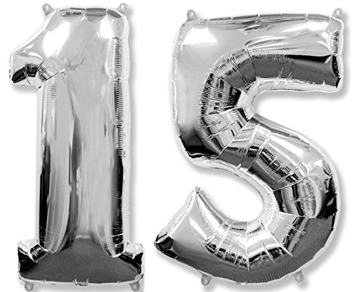 FIESTADEKOR (Oferta Antes 11,90) Globo número 15 para Fiestas de cumpleaños, XXL Medida 100 cm, inflándolo con Helio flotará Durante 5/6 días. (Plata)