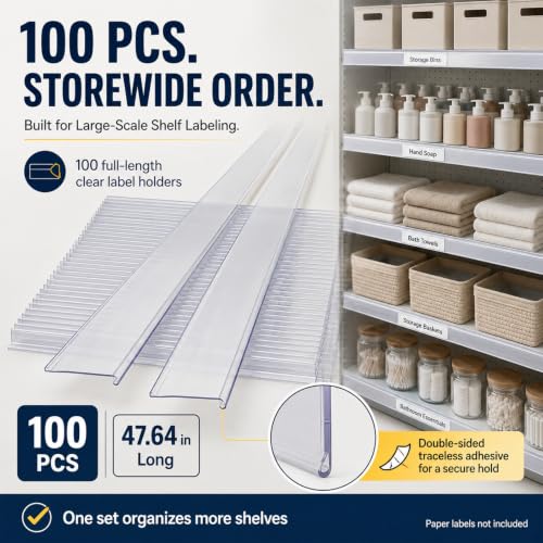 100 Pcs Shelf Label Strips, 48" x 1.25" Self Adhesive Label Holder by BBTEQEKN - Used condition - Image 4