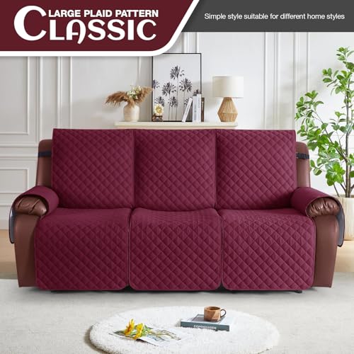 Image of KinCam Recliner Sofa Covers for 3 Seat, 100% Waterproof Reclining Couch Covers, Non-Slip Recliner Couch Cover Furniture Protector with Elastic Straps for Pets, Kids, Burgundy